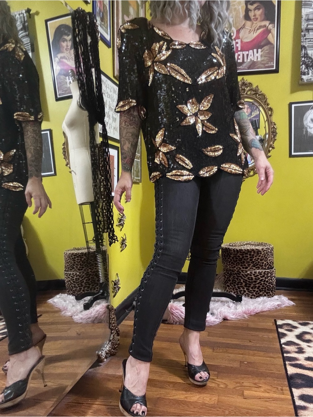 Vintage Black Gold Sequin Silk Blouse Top